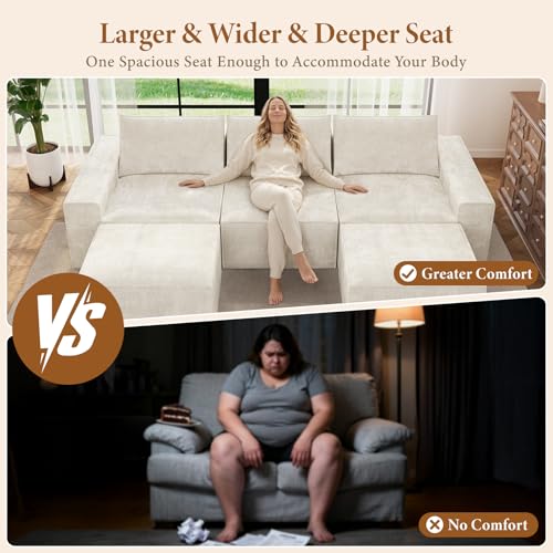 Image of Vesgantti 114 inch Boneless Modular Sectional Sofa, Modern U Shaped 5 Seater Couch with 2 Ottoman & Deep Seat, Convertible Chenille Cloud Couches for Living Room, No Assembly Required, Beige