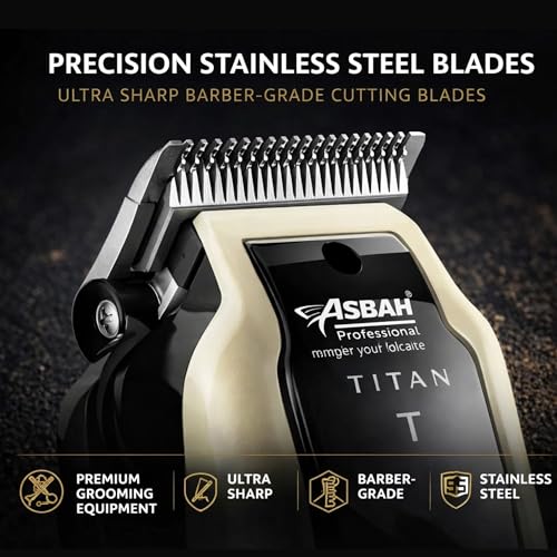 Image of ASBAH Professional Titan Hair Clipper for Men & Women - Precision Stainless Steel Blades, 8 Guide Combs (3mm-25mm), Adjustable Thumb Lever, Corded Grooming Tool with One-Year Warranty - Made in India