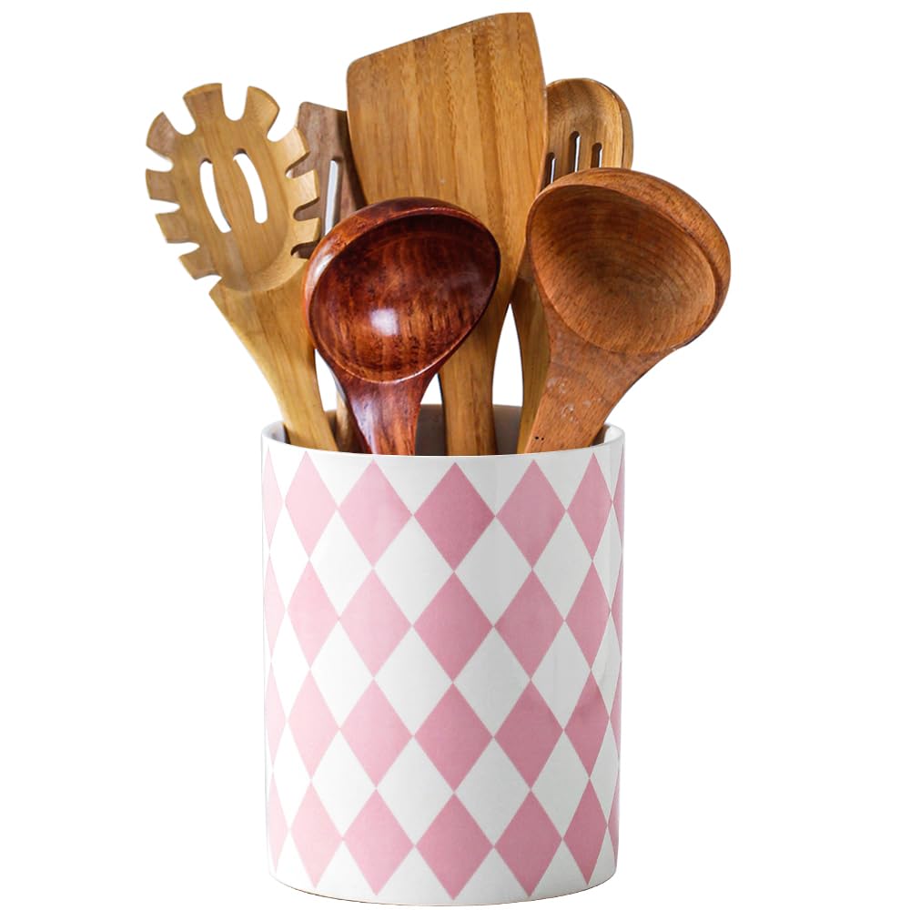 Joyramic Kitchen Utensil Holder, 6.3 Inch Checkered Ceramic Cooking Utensil Holder Modern Utensil Crocks for Kitchen Counter-Farmhouse, Housewarming Gift, Decor and Accessories (Diamond Pink, 16 cm)