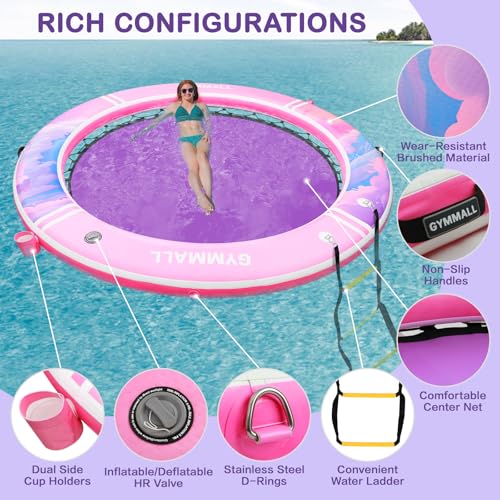 Image of Inflatable Water Hammock Floating Dock 8 FT with Mesh, Tanning Pool Raft Round Ring for Adults, Float Platform for Lake and Beach with Water Ladder and Cup Holder