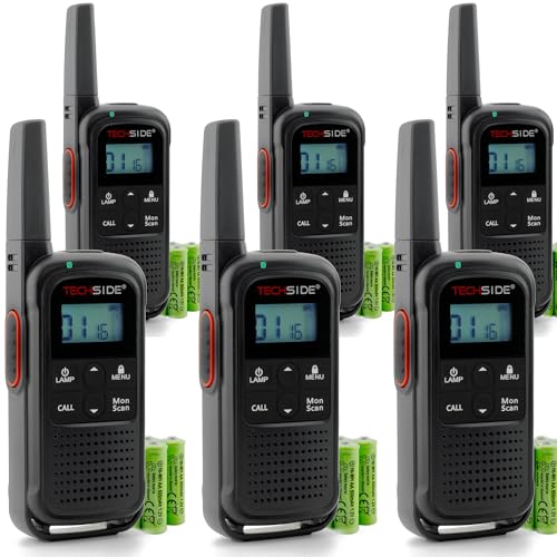 TechSide TS-T3 Go Walkie Talkie PMR446, 16 Canales, Alcance de 10 km, Carga USB-C, con Baterías Recargables y Linterna LED, 6 Unidades