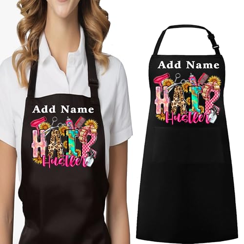 Personalized Hair Stylist Apron, Black Professional Salon Uniform with Customizable Name, Sunflower Pattern, Adjustable Straps, Beauty Tools Design