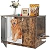 Dog Crate Furniture with Cushion for Large Dogs, 36″ Indoor Wooden Dog Kennel with 270° Swivel Door, 360° Rotating Feeder, Decorative Heavy Duty Dog House with Double Locks & Bowls, Rustic Brown
