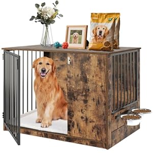 Dog Crate Furniture with Cushion for Large Dogs, 36″ Indoor Wooden Dog Kennel with 270° Swivel Door, 360° Rotating Feeder, Decorative Heavy Duty Dog House with Double Locks & Bowls, Rustic Brown