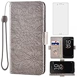 Compatible with Sony Xperia XZ/XZs 5.2 inch Wallet Case and Tempered Glass Screen Protector Card Holder Stand Leather Cell Accessories Phone Cover for Experia F8331 F8332 G8231 G8232 Women Men Grey