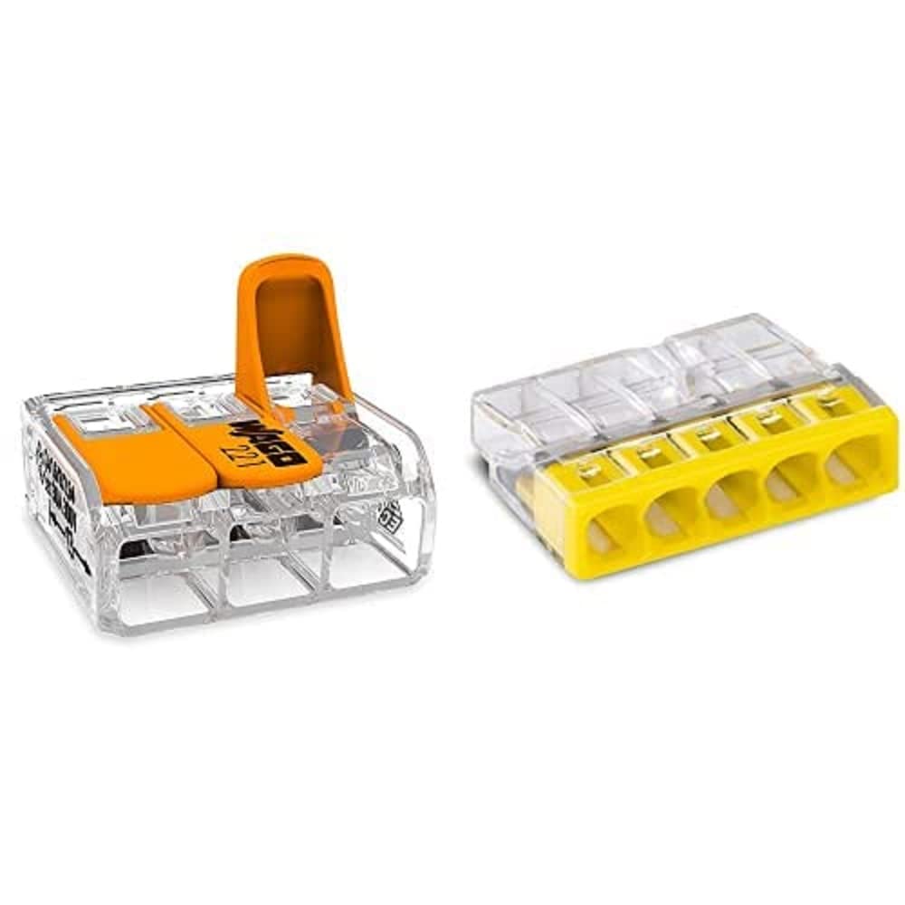 WAGO Klemme, 3-Leiter, 6 mm², Verbindungsklemme mit Hebel, 221-613 (30 Stück), Orange & WAGO Klemme, 5-Leiter, Verbindungsdosenklemme, 2273-205, Transparent, Gelb, (100 Stück)