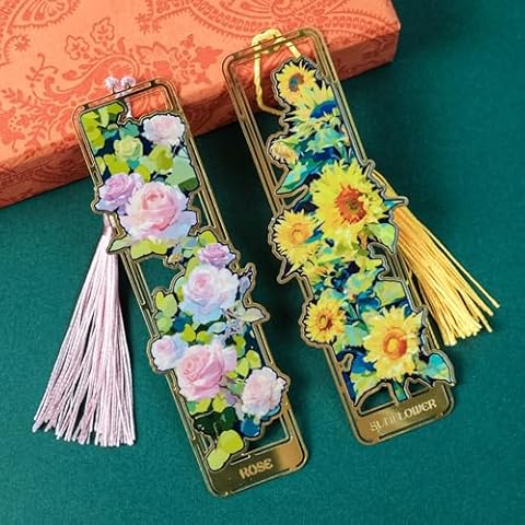 2 Pieces Metallic Bookmarks with Tassel,Flowers Golden Hollow Bookmark,Rose/Sunflowers Theme Metal Bookmarks for Men Women Adults and Book Lovers,Ideal Gifts for Birthday,Teachers Appreciation Cover
