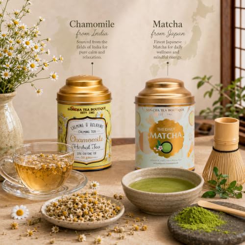 Image of Sancha Tea Boutique, Combo Pack, Chamomile Herbal (50g Loose Leaf) & Japanese Matcha Green Powder (Daily Matcha 50g), Caffeine Free Tisane + Antioxidant Rich Green