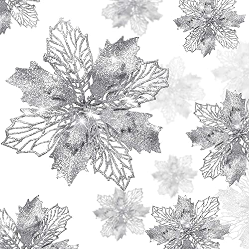 KAHEIGN 36 Piezas Flores de Nochebuena de Navidad, Brillo Plata Flores de Nochebuena Artificiales Adornos para árboles de Navidad por Boda Corona de Navidad Hogar Fiesta Decoración (3 Tamaño)