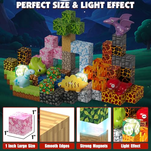 Magnetic Blocks Building Toys, 1" Light Up Dinosaur Building Blocks Magnet Cubes Tiles for Toddlers Boys Girls 3+, Build Jurrasic Scenes STEM Sensory Construction Toys3
