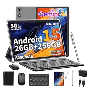 Tablet Android 15 con teclado, 26 GB de RAM+256 GB de ROM (expansión de 2 TB), tableta de 10 pulgadas con batería de 8000 mAh, WiFi 2.4G/5G, cámara dual de 5MP+13MP, Widevine L1, Gemini AI, mouse