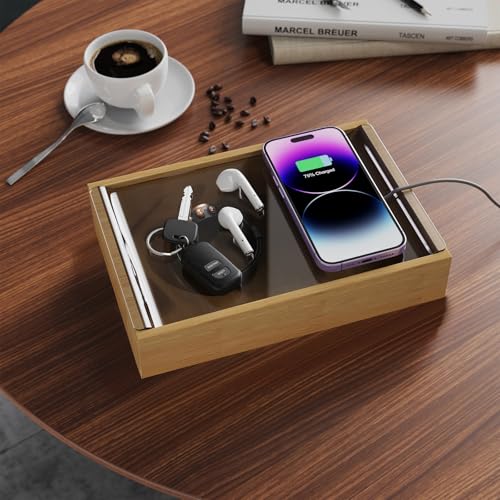 homii 小物入れ 透明なスライド蓋付き 小物ケース アクセサリートレイ 卓上収納 小物収納 小物置き 家の装飾用 アクリル製蓋 木製 24*16*5cm S