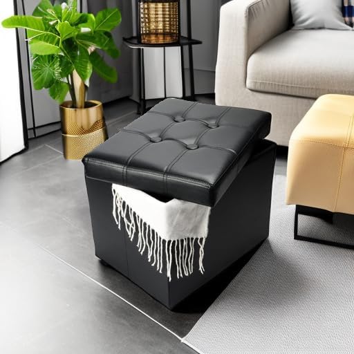 Storage Ottoman, Folding Foot Stool with Thicker Foam Padded Seat Small Leather Storage Ottoman Bench Foot Rest for Living Room Foldable Coffee Table 17x13x13in,Black - Image 4
