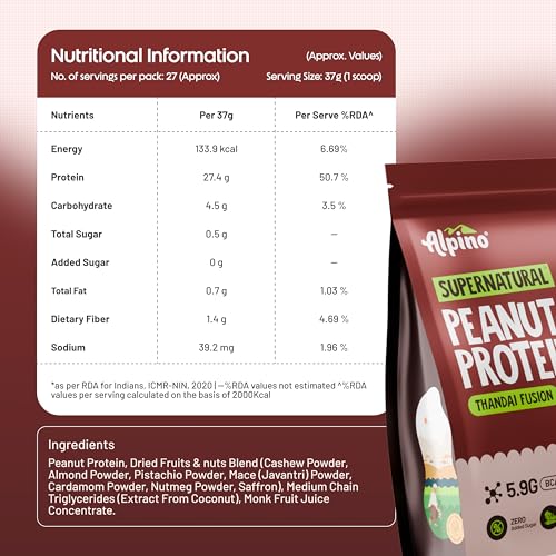 Image of Alpino Supernatural Peanut Protein Powder, Thandai Fusion, 27g Protein per Scoop, 5.9g BCAAs, 0 Added Sugar, 1kg