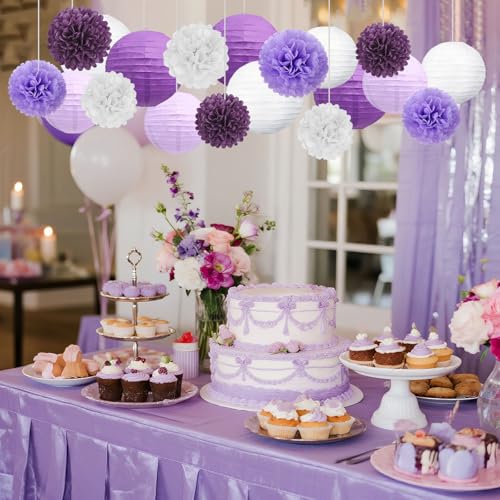 Image of 18 PCS Purple White Paper Lanterns & Tissue Paper Pom Poms for Women Birthday, Baby Shower, Wedding, Bridal Shower, Hanging Paper Decor for Graduation Theme Party Supplies