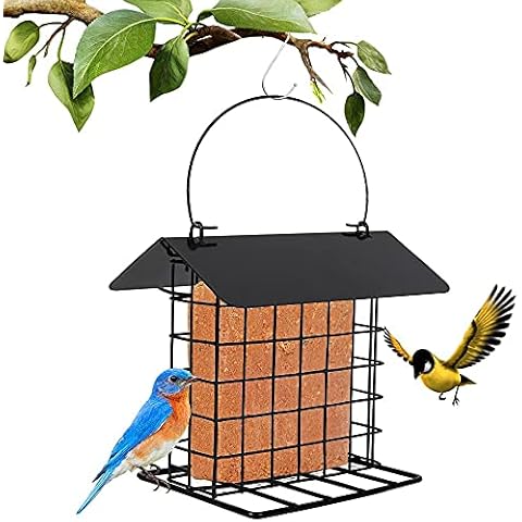 Hanging Bird Feeder, Metal Material Wild Bird Feeder House Shape Suet Blocks Squirrel Proof Fat Balls Block Feeder with Roof and S Hanging Hook for Outdoors Garden Food Dispenser Idea for Bird Lovers Cover