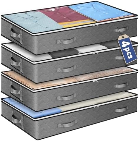 90L Underbed Storage Bags 4 Pack, Extra Large Flat Storage Organiser Box with Clear Window & Handles, 100x50x15cm Breathable Fabric for Duvets, Bedding, Seasonal Clothes, Wardrobe