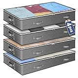 Lychico 90L Underbed Storage Bags 4 Pack, Extra Large Flat Storage Organiser Box with Clear Window & Handles, 100x50x15cm Breathable Fabric for Duvets, Bedding, Seasonal Clothes, Wardrobe