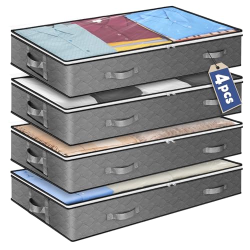 Lychico 90L Underbed Storage Bags 4 Pack, Extra Large Flat Storage Organiser Box with Clear Window & Handles, 100x50x15cm Breathable Fabric for Duvets, Bedding, Seasonal Clothes, Wardrobe