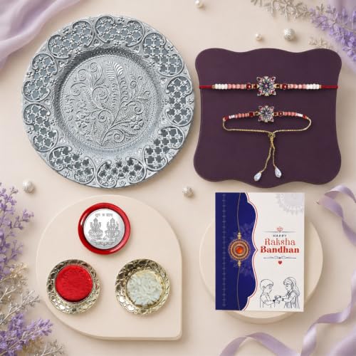 Image of Oblivion Designer Bead Stone Diamond Design Rakhi for Bhaiya, Handmade Thread Bracelet with Fancy Pooja Thali, Roli Tikka, Silver Color Coin & Greeting Card | Rakshabandhan Festive Gifting, Pack of 5