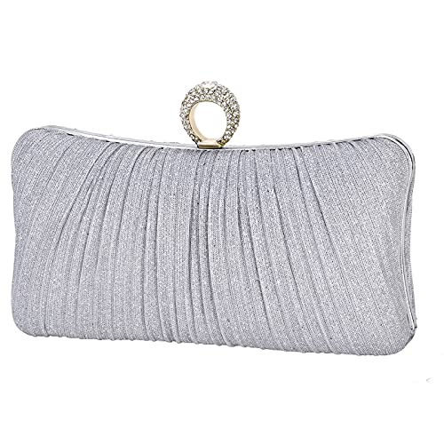 Image of Womens Golden Glitter Clutch Purse Pleated Evening Bag for Bridal Wedding Party with Rhinestone Ring