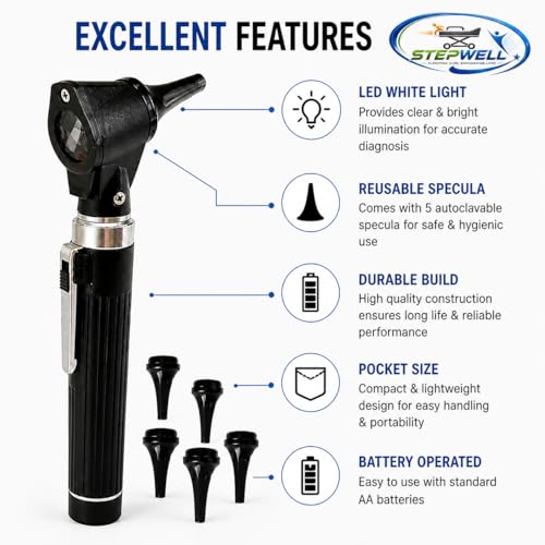 Image of STEPWELL LED Otoscope (White Light) Pocket Scope, with Battery Handle (Black)