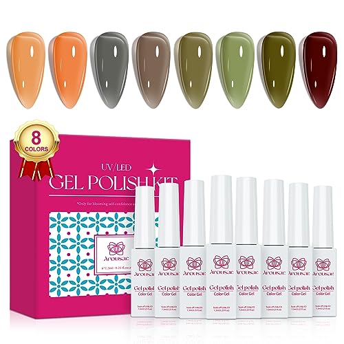 Arousar Jelly Gel Polish 8 Colors, Nude Green Jelly Nail Gel Polish Starter Kit, All Seasons Soak Off Nail Gel Polish Set, Quick Dry Nail Lamp Manicure Art, DIY Salon Home Gift
