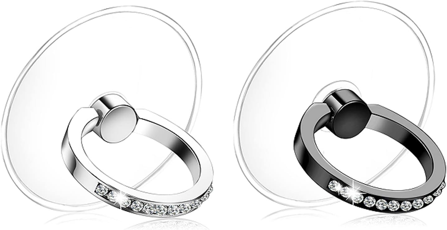 Cell Phone Ring Holder Stand 2 Packs, Glitter Diamond Mobile Phone Loop 360 Adjustable Cell Phone Finger Grip Ring Ring Stand for All Smartphones, iPhone, Phone Case - (Silver and Black)