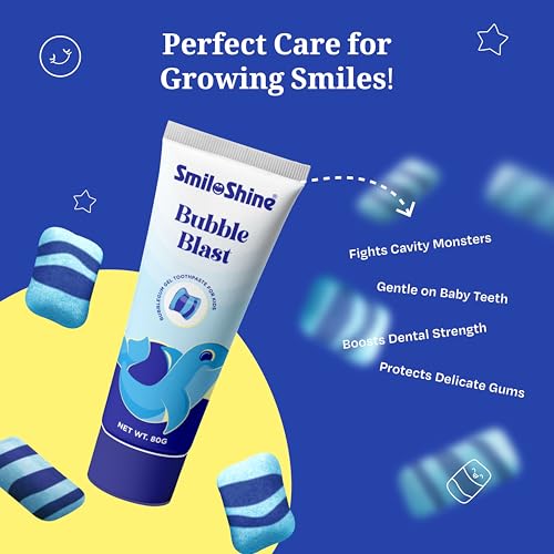 Image of SMILOSHINE Kids Bubble Blast Gel Toothpaste 80g Pack of 2| Bubble Gum Flavor with Glow in The Dark Fun | Low Fluoride Formula for Kids Daily Oral Care & Fresh Breath