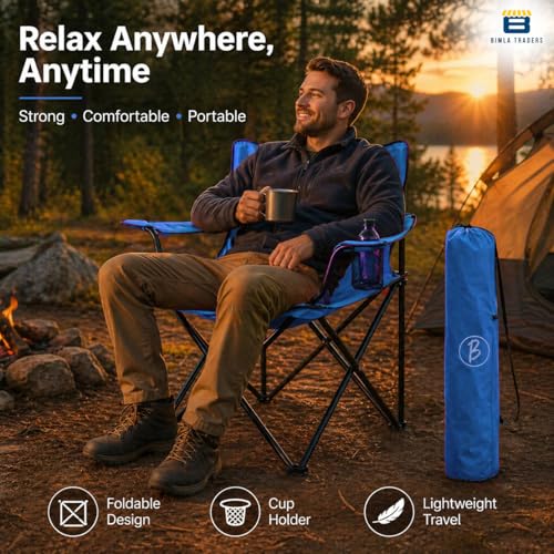 Image of BTAG Foldable Camping Chair with Armrest & Cup Holder, Portable Outdoor Chair with Carry Bag for Camping, Picnic, Fishing & Travel - Blue