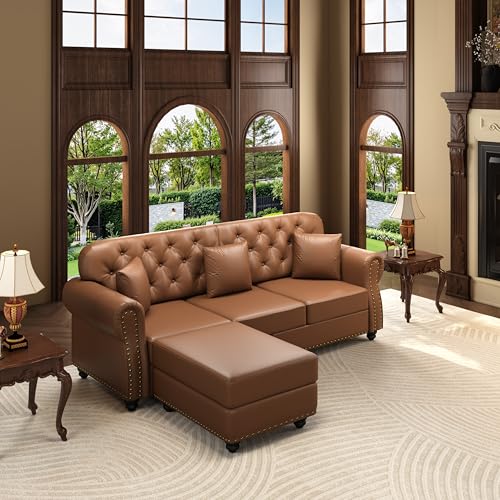 Image of KEIKI 83 inch Faux Leather Chesterfield Sofa with Rolled Arms & Nailhead Trim & 3 Ottoman, 3-Seater Button Tufted Couch with High Resilience Cushion & 3 Pillow, Easy Assembly, for Living Room, Brown
