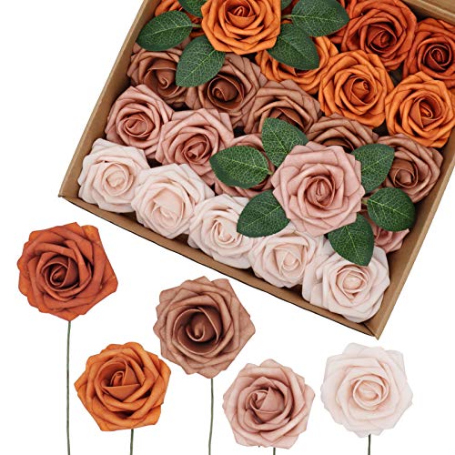 Medoliya Artificial Flowers 25Pcs Shades Of Burnt Orange Real Looking Foam Roses Fake Roses With Stems For Diy Wedding Bouquets Centerpieces Baby Shower Party Home Decorations #TOP11