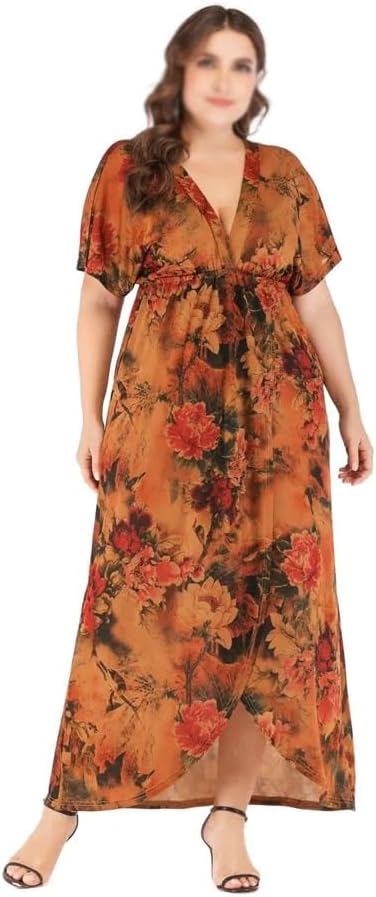 JSEIAJB Dresses for Women V Neck Short Sleeve Retro Printing Vintage Dress V Backless Split Front Long Dress