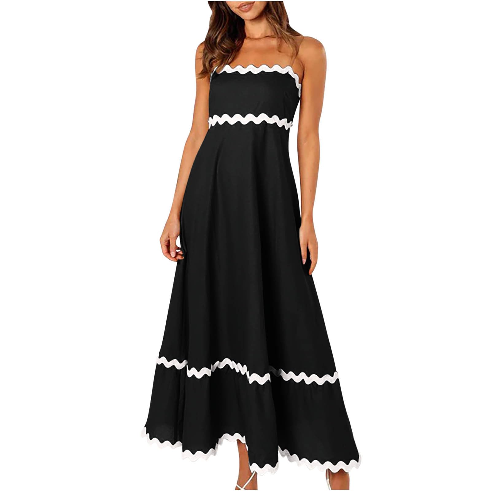 SMIDOWWomens Spaghetti Strap Sleeveless Rickrack Trim Dress Summer Casual Comfy A-Line Maxi Dress Vocation Flowy Long Dress