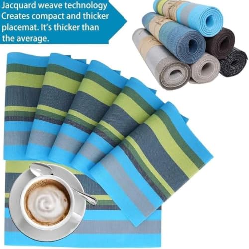 Image of Potency Table Mats Set of 6, Woven Placemats for Dining Table, Heat-Resistant, Anti-Skid, Washable PVC Table Mats, Vinyl Placemats for Dining, Kitchen & Restaurant Table (I Multistripe Blue)