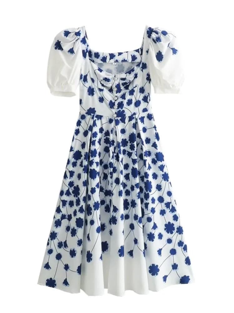 Vestido de manga abombada con estampado floral para mujer, cuello cuadrado, botones, vestido largo midi para mujer, Y2k