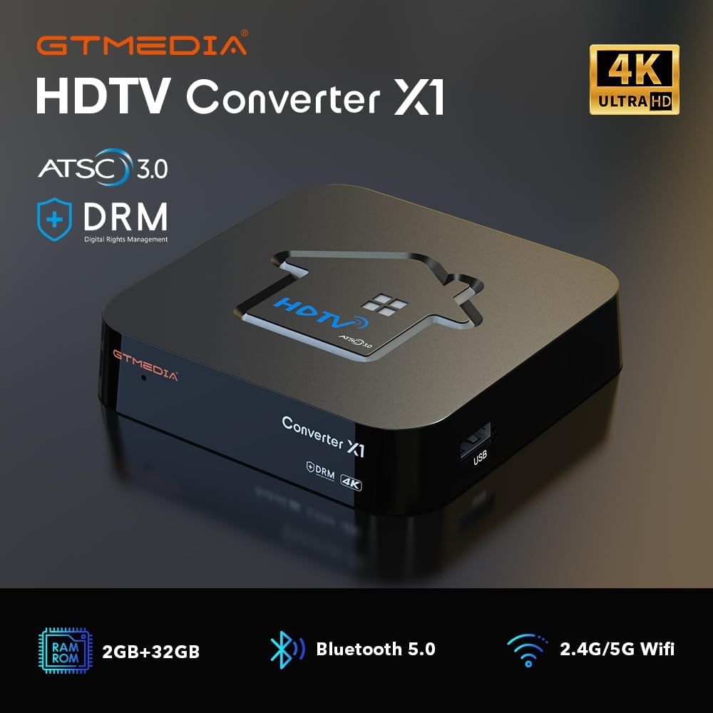 GTMEDIA ATSC Digital Converter Box,4k HDR Media Player Compatible with ATSC3.0/1.0/QAM-B,Dolby AC4,Free DVR/Offline DRM,Built-in Bluetooth 5.0/ 2GB RAM + 32GB ROM
