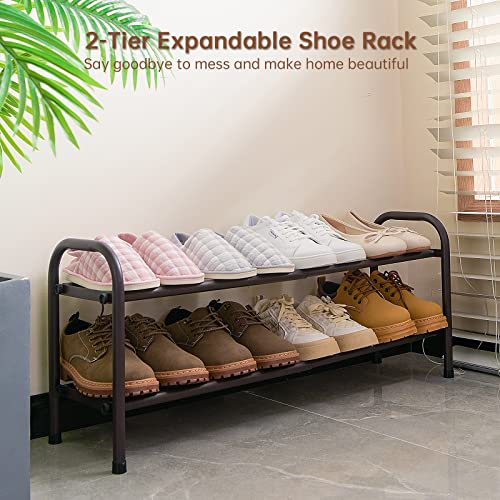 Image of Gonfoam Expandable 2-Tier Shoe Rack for Closet and Entryway, Bronze | Tool-Free Assembly, Metal Material, Adjustable Shoe Organizer, Sturdy, Small Space Solution, Dorms, Garages, Apartments.