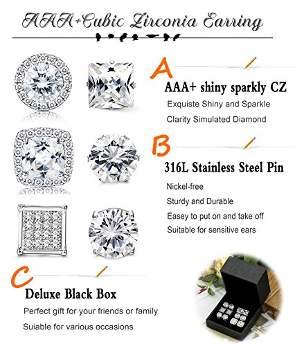Thunaraz 6Pairs Halo Stud Earrings Round Square Brillant Cut Earrings With Gift Box (B:6Pairs) #TOP1