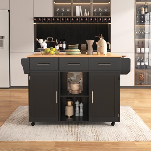 IHO SOFA Isla de cocina con encimera plegable, isla de cocina móvil, con 3 cajones y 2 taquillas, 139 x 46 – 71 x 91,5 cm, adecuada para cocinas y salas de estar (negro)