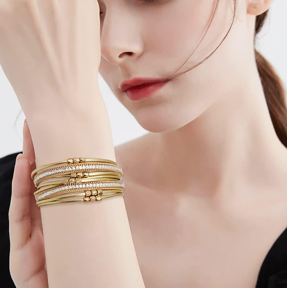 Multi-layer Leather Bracelets Multi-strand Wrap Bracelets Handmade Braided Rope Cuff Bangle with Magnetic Buckle Jewelry