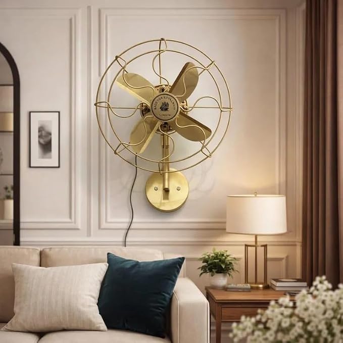 Vintage Brass Wall Mounted Fan 14" Antique Nautical Style Electric Decorative Fan, Yellow Gold Brass Finish, Retro Industrial Wall Fan for Home, Office-image-48
