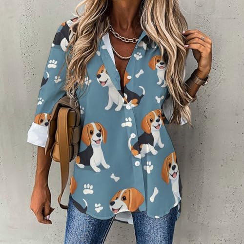 Langärmeliges Hemd mit Knopfleiste für Damen – niedliche Hunde-Blusen für Damen, elegant, lässiges Oberteil, Mehrfarbig, S