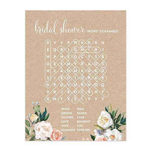 Andaz Press Peach Coral Kraft Brown Rustic Floral Garden Party Wedding Collection, Word Search Bridal Shower Game Cards, 20-Pack