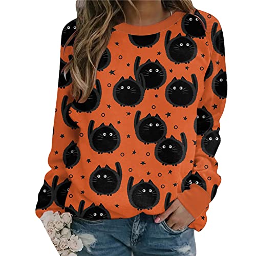 Womens Halloween Pumpkin Sweatshirts Loose Graphic Skull Ghost Cat Print Crewneck Long Sleeve Casual Pullover Shirt Tops (Orange Cat, Large)