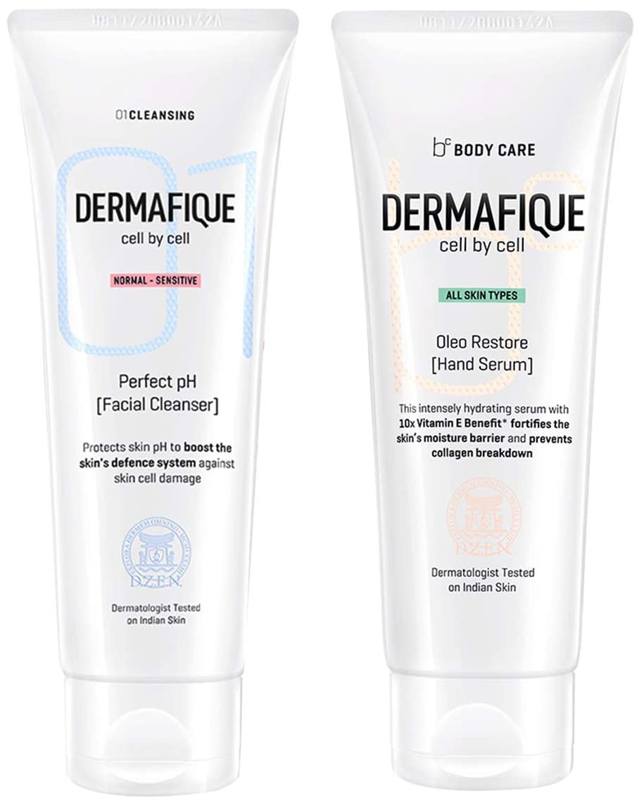 Dermafique Oleo Restore Hand Serum | 50g | hydrating hand serum, Vit- E infused, for all skin type, prevents collagen breakdown, ageless hands and Dermafique Perfect ph Cleanser 100 ml
