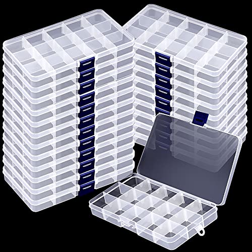 ZOENHOU 32 Pack 15 Grids Clear Plastic Jewelry Organizer Box, Clear Plastic Storage Containers with Adjustable Dividers for Jewelry Bead Earring Fishing Hook Small Accessories, 6.7 x 4.3 x 0.9 Inch