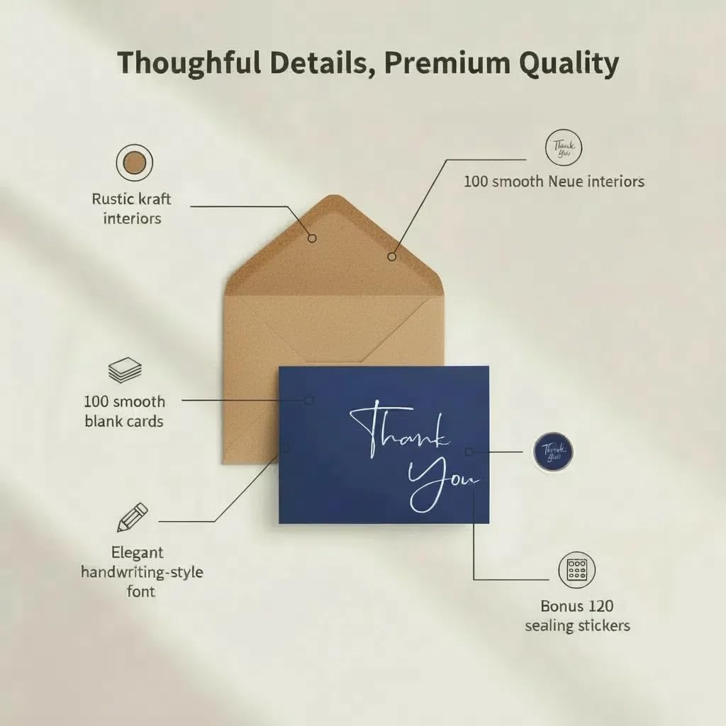 100 Pack Thank You Cards With Envelopes Bulk Set & Stickers - 4x6 inch Blank Thank You Notes Bulk Box Set - Large Note Card Small Business, Wedding, Baby Shower & Bridal Shower - Navy Blue - Image 6