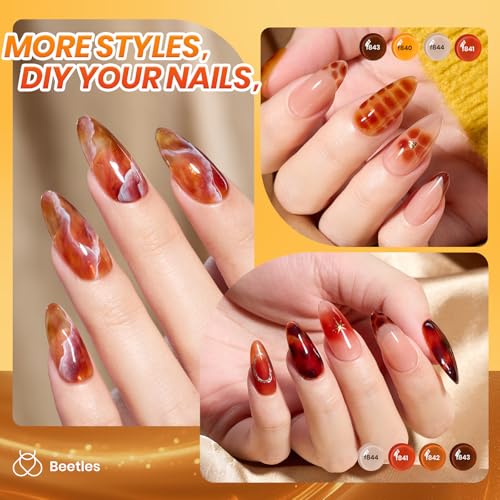 Image of Beetles Gel Nail Polish Set - Amber Chic Jelly Gel Polish with Blooming Gel for Marble Effects, 6 Colors Yellow Red Brown Gray Translucent Soak Off UV LED Nail Art