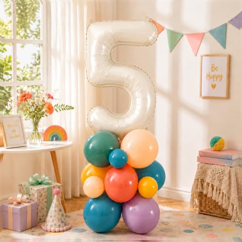 Image of 40 Inch Boho Rainbow Number 5 Balloon Tower for 5th Birthday Decorations